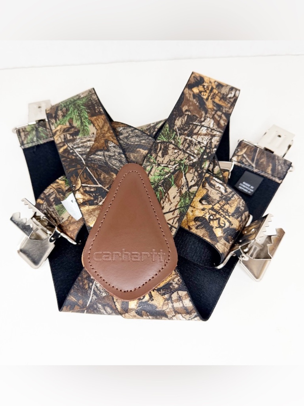 Carhartt Realtree Camo Suspenders with Brown Leather Patch, Silver-tone Clasps